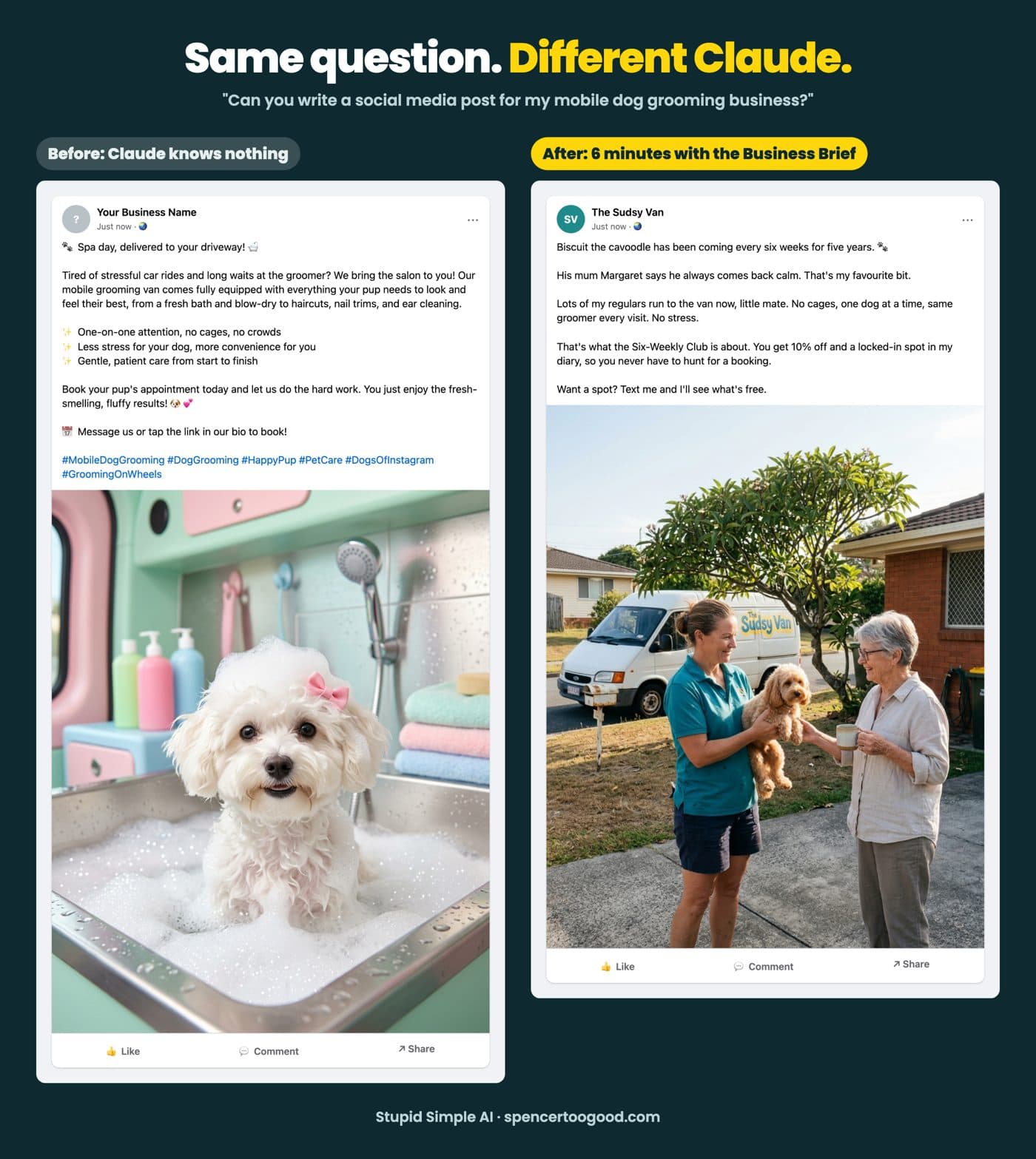 The same Facebook post request: a generic post before the Business Brief, and a personal, local post after it